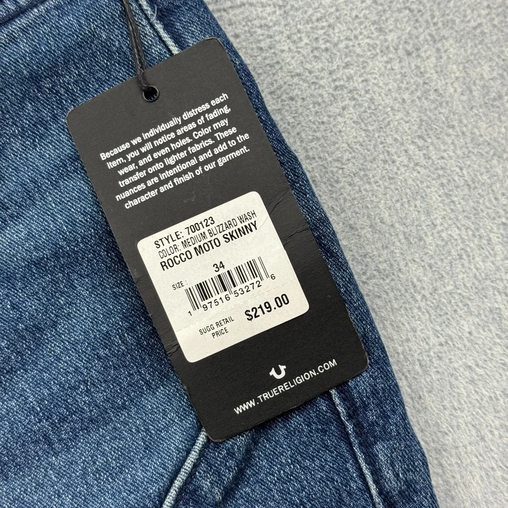 True Religion Jeans Mens 34x31 Rocco Moto Skinny Denim Pants Relaxed Casual NWT